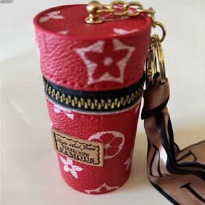 Red Monogram Cylinder Keychain Pouch with Gold Hardware